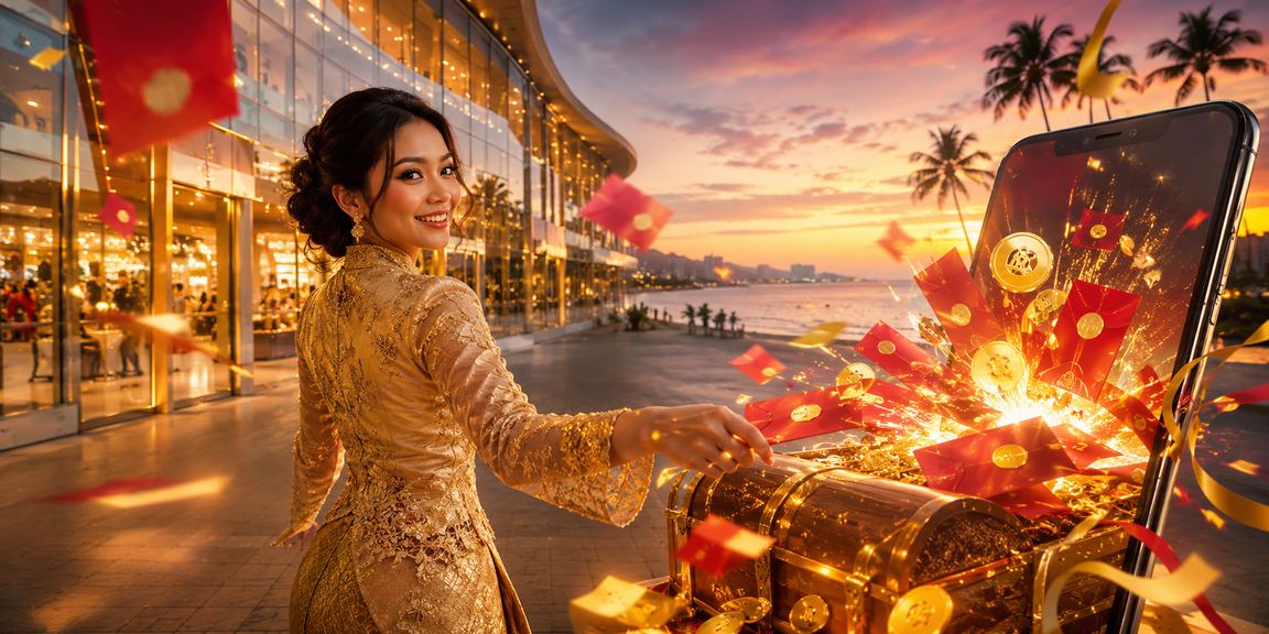 Paparan bonus sampul merah sempena perayaan di Pulau Pinang dengan latar kebaya